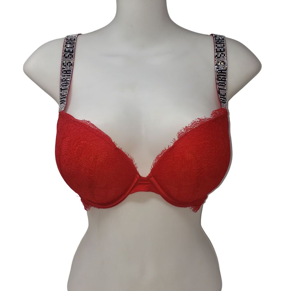 Victoria's Secret Bra Womens 36C Red Very Sexy Lace Push Up Rhinestone Straps